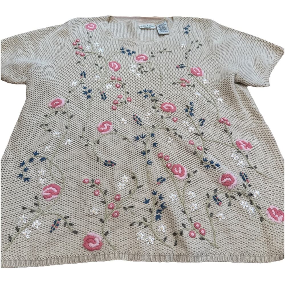 Ladies White‎ Stag Short Sleeve Tunic Sweater Tan Floral Size 18/20W Cottagecore